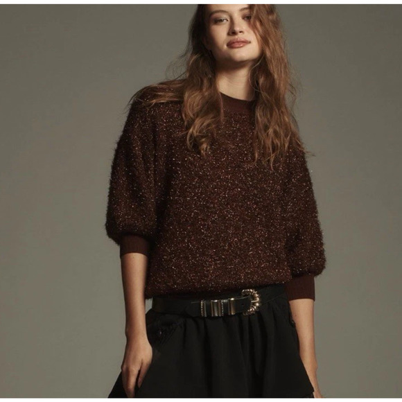 Maeve x Anthropologie Violetta Brown Sweater Womens Small Tinsel Shimmer - Picture 1 of 8